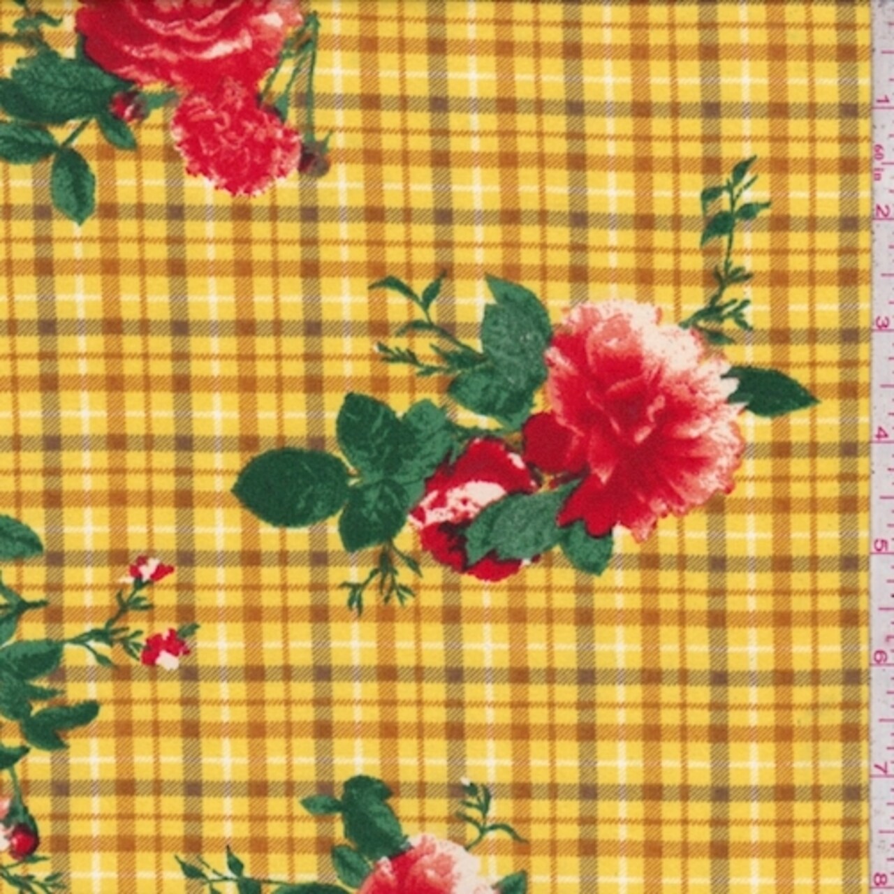 Yellow/Red Plaid Floral Double Brushed Jersey Knit Fabric By the Yard
